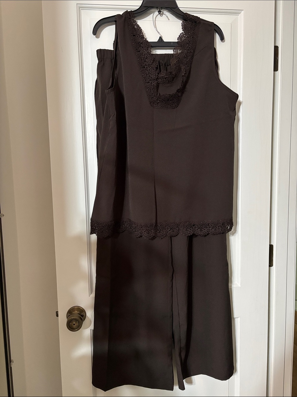 SHEIN Chocolate Brown Wide Leg Jumpsuit with Lace Trim